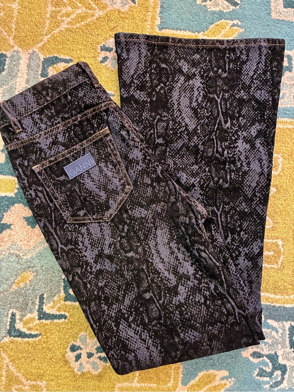 Ganni Black & Dark Gray Snake-Print Flared Jeans